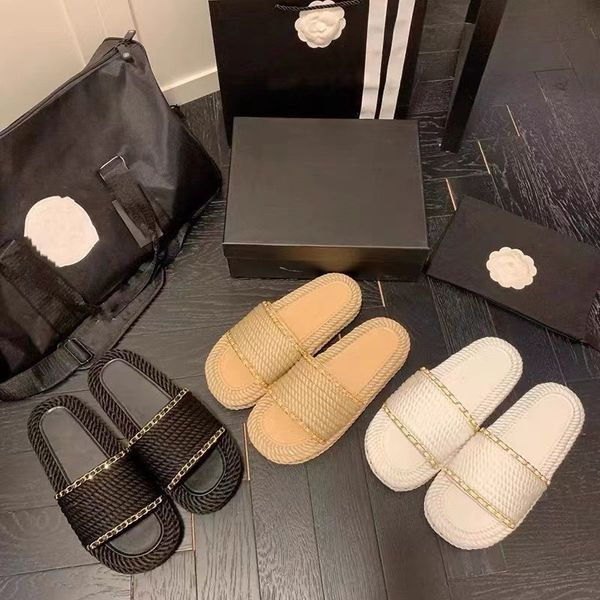 

c c sandals women tweed leather espadrille rainbow chains stripes flat sandal fashion non-slip slipper two tone canvas sandals summer outdoo, Black