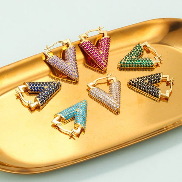 

popular design colorful zircon letter v charm earring gold brass earrings for women gift, Golden