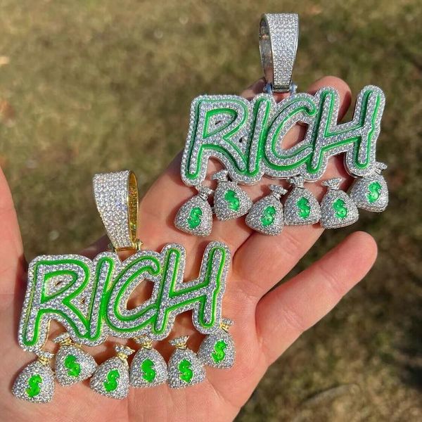 

necklaces green enamel fluorescence rich hip hop pendant necklace for men micro paved cz luminous jewelry, Silver