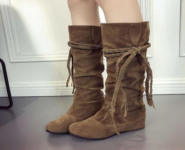 

women039s 2022 winter new fashion rope braided frosted inner increase tassel high female brown long boots plus size 43 09267000167, Black