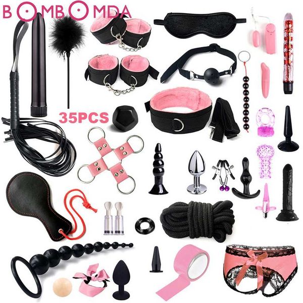 

sm kits adults toys for women men handcuffs nipple clamps whip spanking metal anal plug vibrator butt bondage 50% online sale