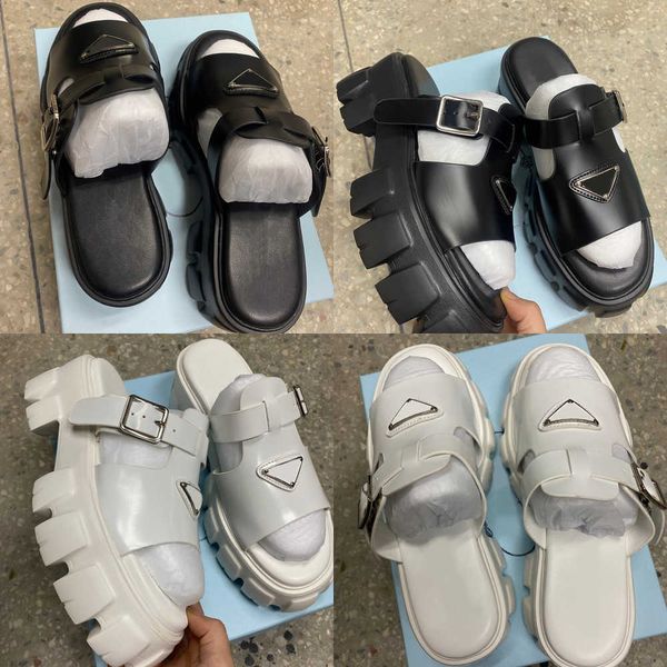 

black white leather sandals slippers for woman monolith roman rubber sole slides triangle logo platform sandal chunky bottom mules summer be