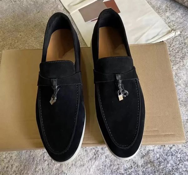 

lp autumn summer sheepskin shoes men women's soft sole causal comfortable walk leather suede slip on loafers loro pianas men, Black