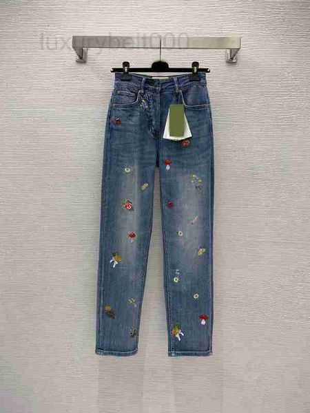

women's jeans designer new heavy industry embroidered small mushroom flower pattern decoration high waist slim elastic straight leg pan, Blue