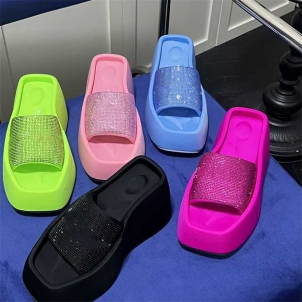 

wang taji platform slide wedge bling glitter beach sandals women rhinestone designer slippers thick bottoms summer slides aw square toe shoe, Black