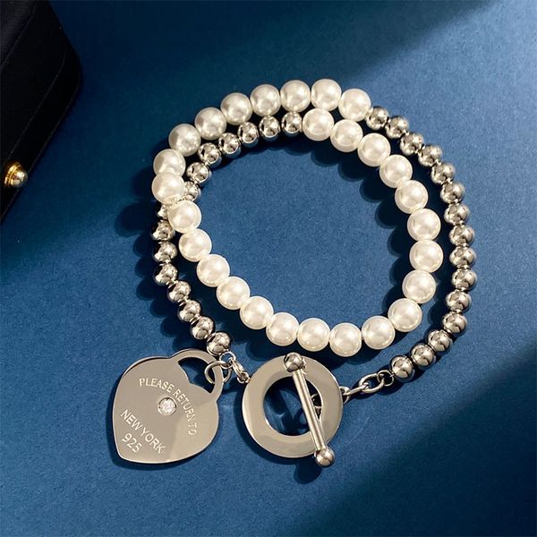 

t home titanium steel diamond-encrusted love heart heart pendant women's double pearl round beads silver beads ot buckle bracelet tide