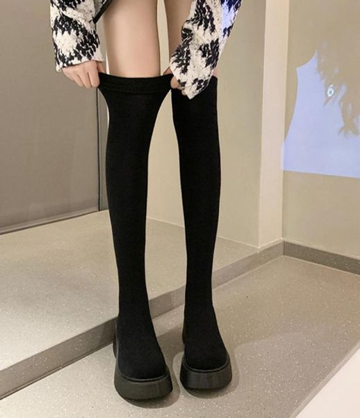 

boots winter autumn women platform over the knee boots ladies stretch knitted socks long boots slip on thick bottom shoes woman 229347515, Black