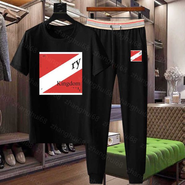 

23ss mens tracksuit mens designer tracksuit round neck pure cotton color matching logo print short sleeve t-shirt fringe elastic waist trous, Gray