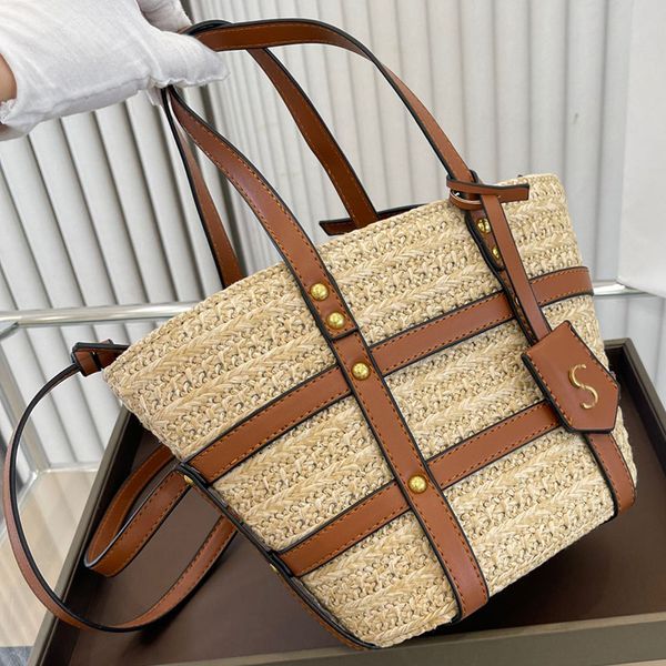 

straw women designer tote beach shopping bag leather strap gold metal hardware holiday travel leisure woven shoulder handbag 5 colors luxury