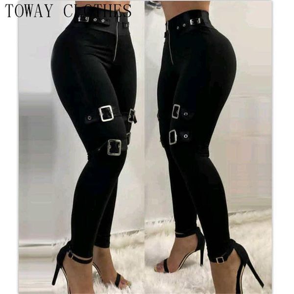

capris women plain zipper front eyelet buckled high waist pants skinny chic long pants, Black;white