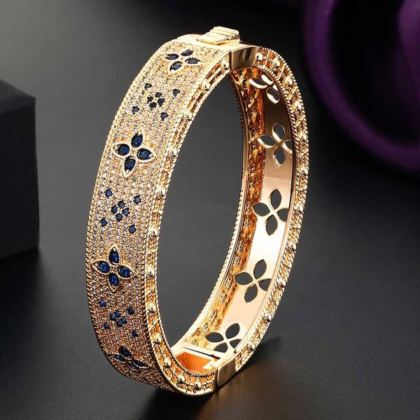 

bangle zlxgirl luxury brand four leaf dubai gold bangle bracelet jewelry red blue green zirconia bridal bracelet couple gift ship, Black