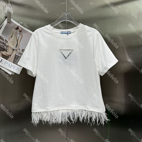 

women t shirts for feather letter embroidery t shirt cotton lady hollow lace triangle badge tees for female, White