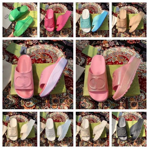 

printing embossed interlocking double g slides metallic rose pink glitter platform slippers womens designer wedges thick rubble sole sandals, Black