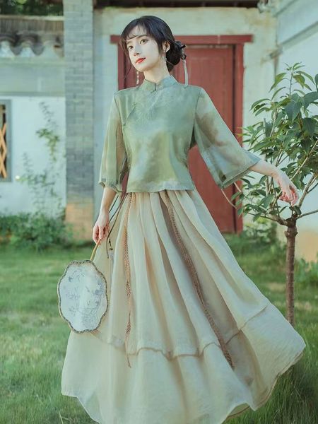 

new chinese zen tea suit qipao two piece set for daily improvement hanfu literature and art country style slim and gentle dress summer, Black;white