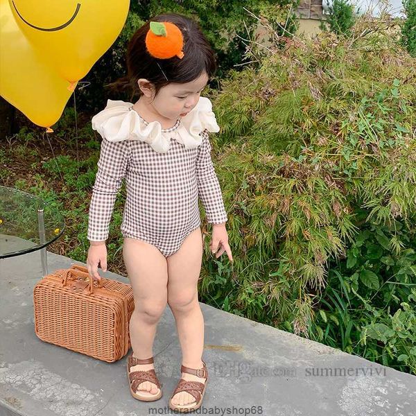 

2023 baby girls plaid one-piece swimsuits children falbala lapel long sleeve siamese swimming kids backless spa beach swimwear, Black