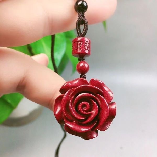 

natural cinnabar rose flower pendant carved amulet men women gifts jewelry, Silver