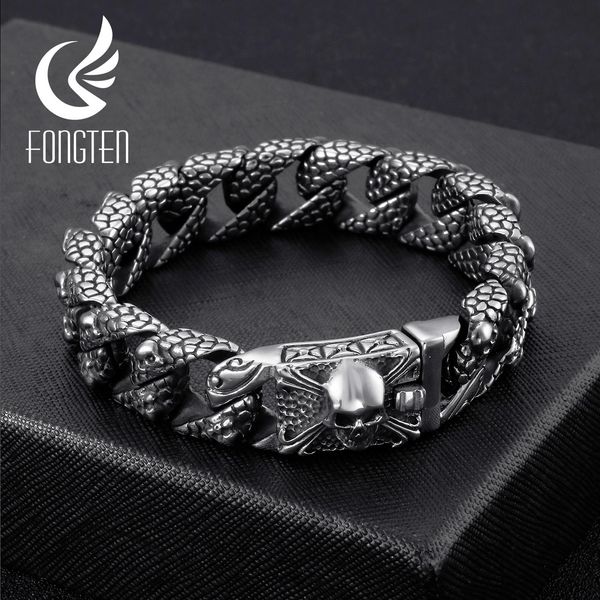 

bangle fongten gothic retro style mens bracelets stainless steel skull franco link curb chain bracelet for men punk fashion jewelry, Black