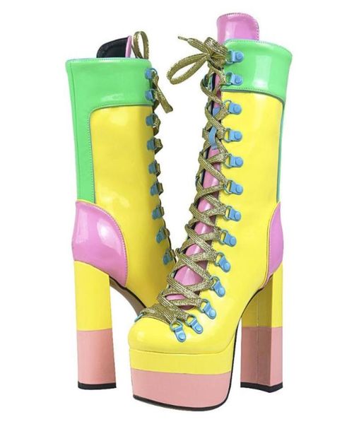 

boots gigifox brand fashion gothic women shoes big size 43 patchwork yellow green block high heels platform shoelaces2626235, Black