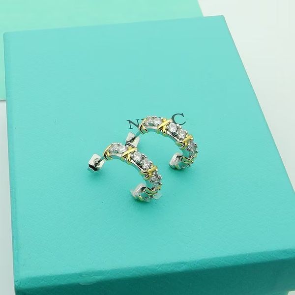 

s925 silver needle t family two-color cross earrings c-shaped small fresh student mori earrings japanese and korean earrings, Golden;silver