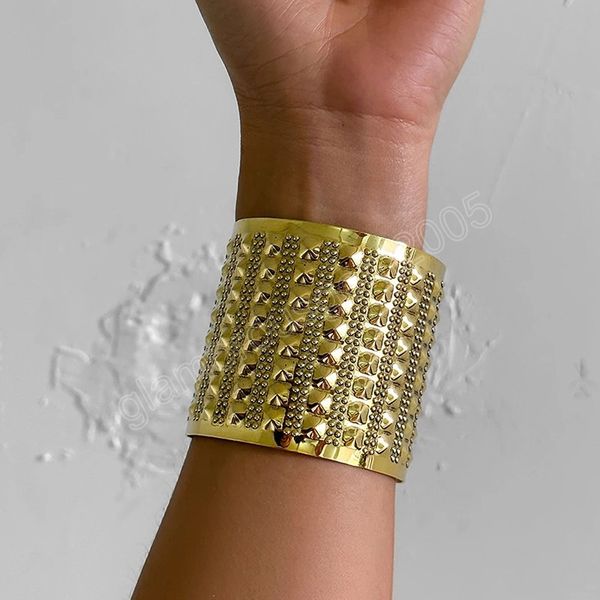 

retro punk rivet cuff wide open bangles for women men 2023 vintage gold silver color geometric round bracelet jewelry, Black