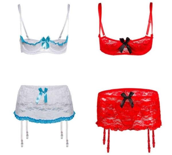

nxy set bra short skirt garter large lingerie dew bow lace half cup no stockings exotic sets micro bikini extreme 15941771, Red;black