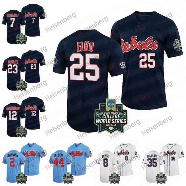 

25 tim elko ole miss 2022 college world baseball jersey rebels josh mallitz justin bench kemp alderman brandon johnson derek diamond jacob g, Blue;black
