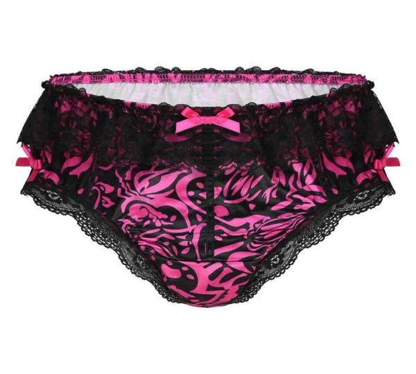 

men ruffle lace trim low waist sissy briefs satin bow underpants crossdress underwear nightwear l2207115388017, Red;black