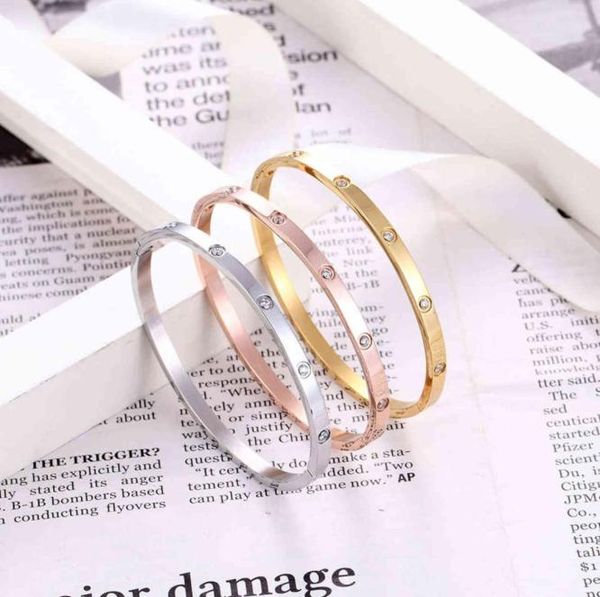 

quality 4mm wide inlaid with 10 zircon gold woman bangle stainless steel bracelets for women wedding party jewelry5349721, Golden;silver