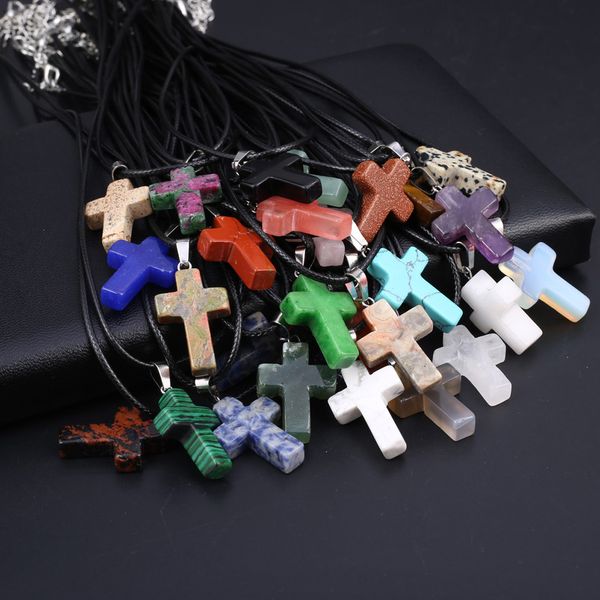 

natural stone cross pendant necklace natural blue turquoises rose quartz charms for jewerly gift, Silver