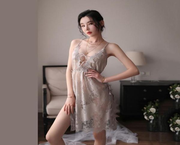 

briefs panties lingerie dress grey floral hollowed out lace nightdress temptation nightgown backless sleepwear strap sleeping3564184, Red;black