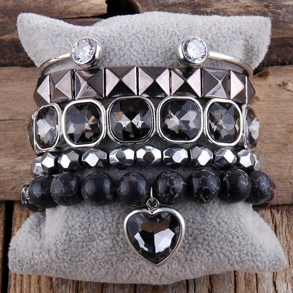 

bangle rh fashio designer beaded bracelet set natural stone metal crystal 5pc stack bracelets bangles set for women fashion jewelry, Black