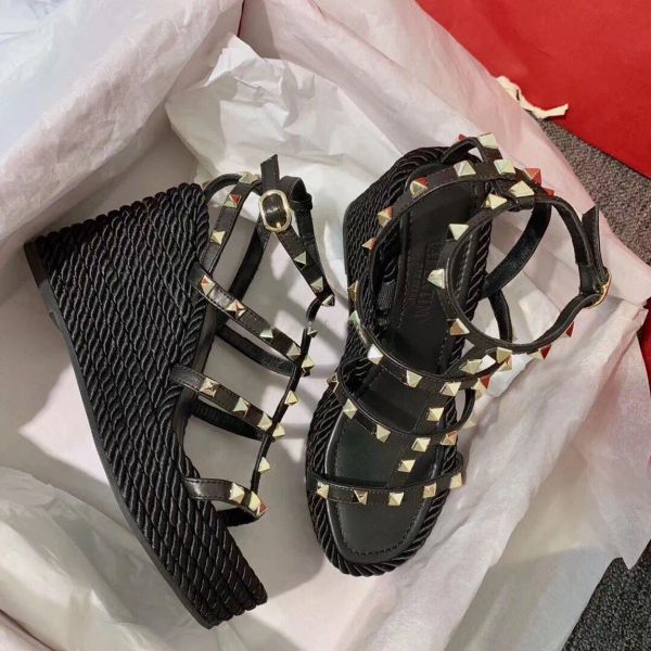 

women wedge sandal studded shoes elegant woman high heels calfskin leather and rivets ankle strap luxury designer 35-43eu with box, Black