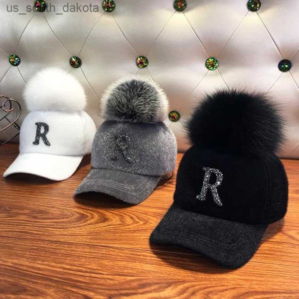 

ball caps fashion rhinestone letter r print baseball cap autumn winter soft pompom adjustable faux fur caps outdoor warm peaked sun hats l23, Blue;gray