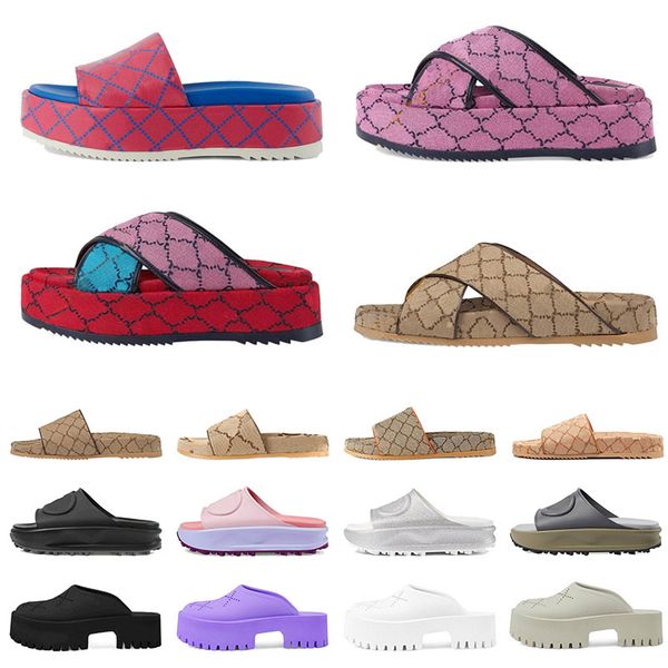 

2023 famous luxury designer party beach comfortable summer platforms printed fuchsia khaki activity slippers printed embroidered rubber leat, Black