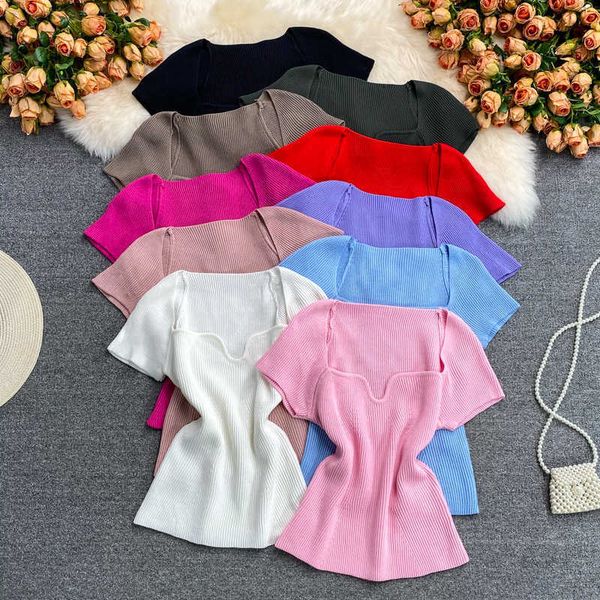 

2023 short t-shirt short sleeve square neck crop jersey female, White