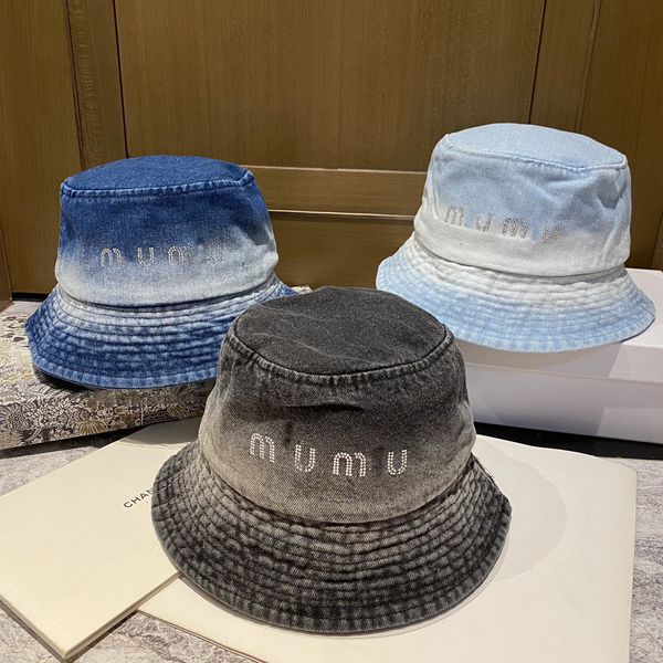 

miu embroidered letter denim fisherman hat sun protection designer beanie cap women's versatile beach sun protection hat, Blue;gray