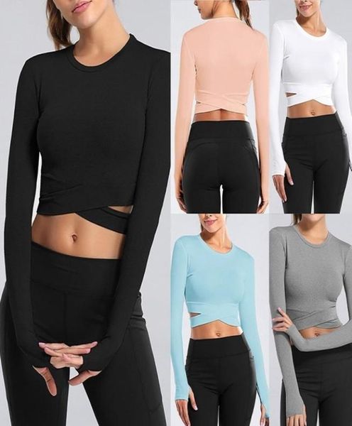 

yoga outfits crop women tshirts solid sports long sleeve running shirts exposed navel quick dry fitness gym sport w5628643, White;red