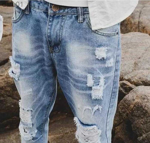 

men's jeans fashion men slim fit ripped jeans streetwear mens distressed denim joggers knee holes washed destroyed jeans plus size mnzk, Blue
