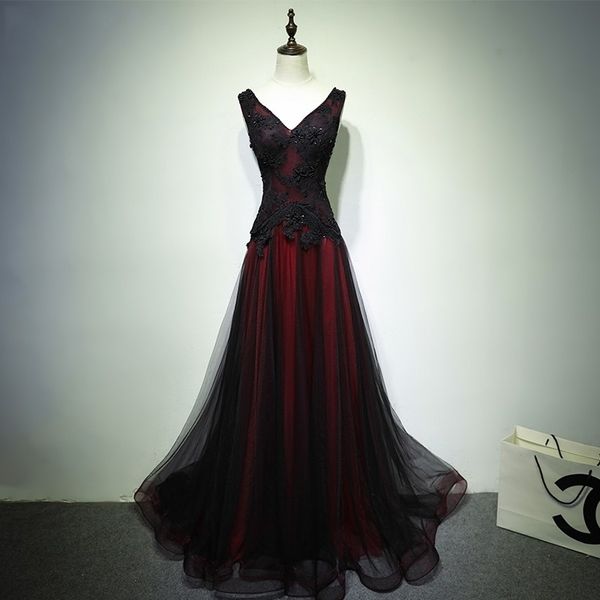 

long prom dresses black and red deep v-neck appliques beading tulle a-line lace-up plus size graduation cocktail homecoming formal evening p
