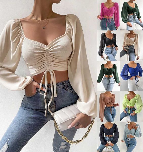 

2022 women's deep v neck button front bell long sleeve blouse shirt loog top, White