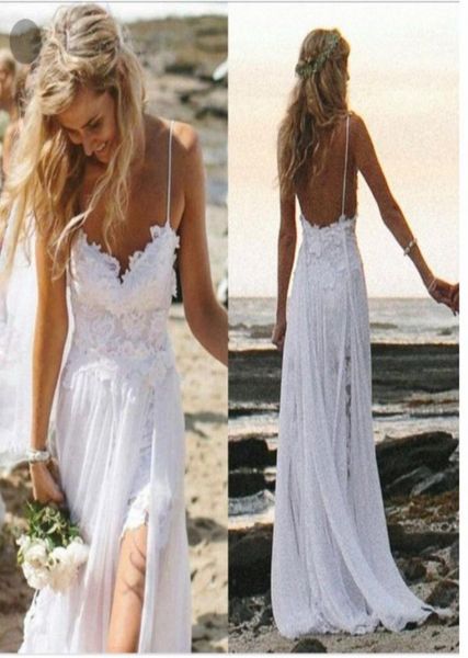 

beach wedding dresses spaghetti straps backless white lace underneath with flowing chiffon overskirt bridal gowns3342666