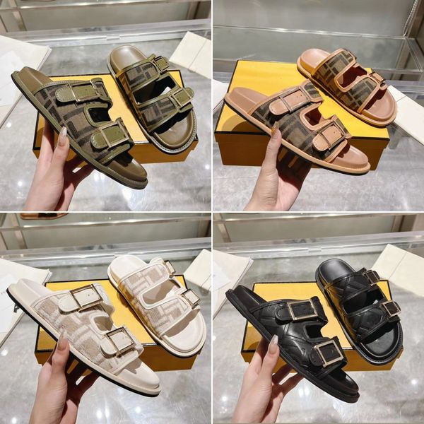 

designer slippers feel sandals women slides men sandal platform slipper ff pattern fabric sandal leather sandal buckle strap shoe beach flip, Black