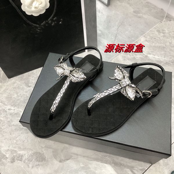 

sandals 2023 summer rhinester bow french fairy flat flip sandals, Black