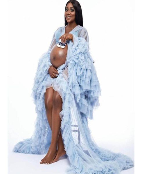 

light blue maternity gowns luxury ruffles long sleeve bridal sleepwear bathrobes nightgowns tiered robes women dress kimono9114495, White