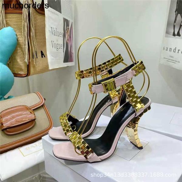 

high edition 23 summer new women's shoe show gold luxury shaped heel fashion show metal sandals, Black