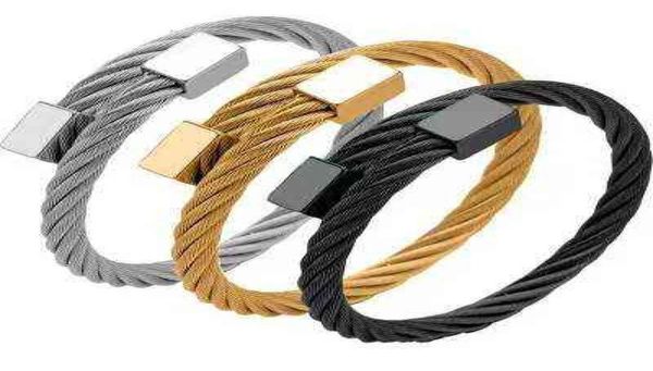 

new steel wire stainless bracelets open square black gold women men jewelry original p chain charms3836737, Golden;silver