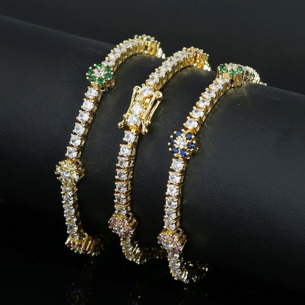 

bangle gold filled fancy rainbow flower bangle jewelry for women iced out bling 5a cz colorful flower tennis chain fashion bracelet, Black