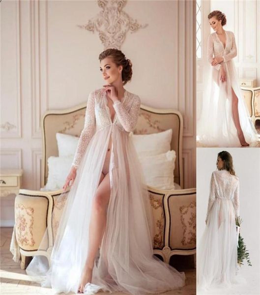 

2021 new illusion long sleeve bridal sleepwear gowns v neck lace beaded bathrobe nightgowns custom made undergarments8723285, White