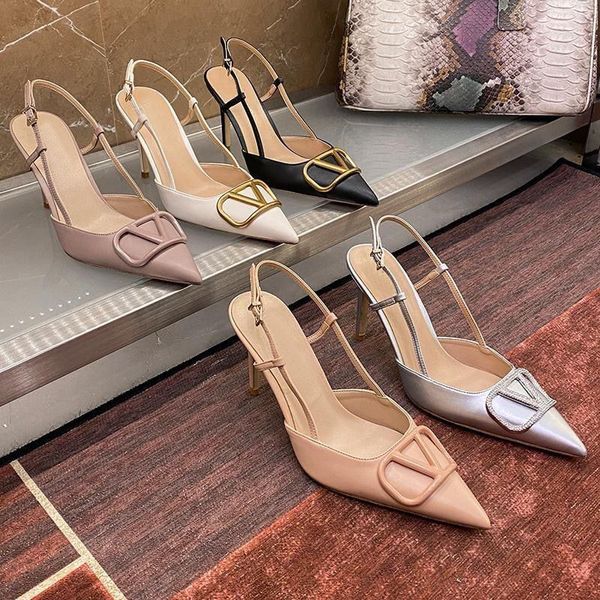 

luxury brand high heels sandals pointed toe thin heels 6cm 8cm 10cm classics metal v-buckle nude black red wedding shoes summer with bag 35-