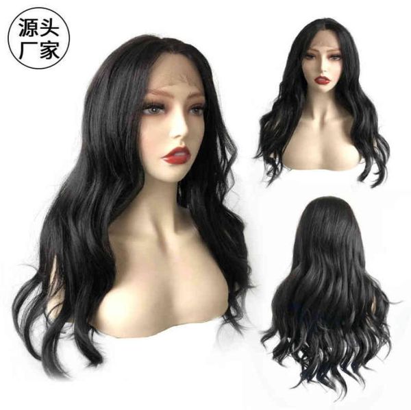 

front lace hand woven black wig with large wavy and long curly hair2649879